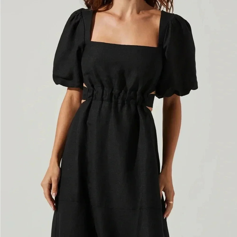 ASTR THE LABEL NWT Black Linen MIDI Cut Out Puff Sleeve Angeles Dress M - Picture 3 of 10